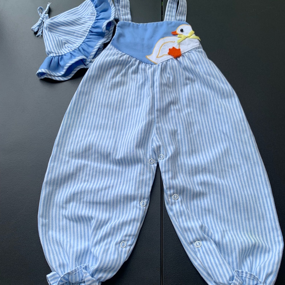 Blue Striped Kids Overalls with Duck Appliqué